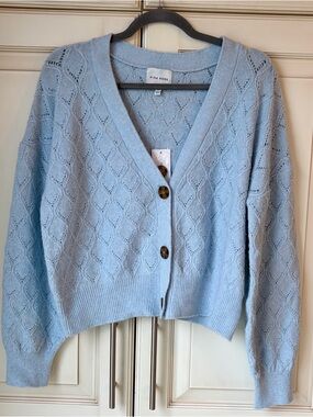 NWT Pink Rose Sky Blue Diamond Open-Knit V-Neck Cardigan. Large